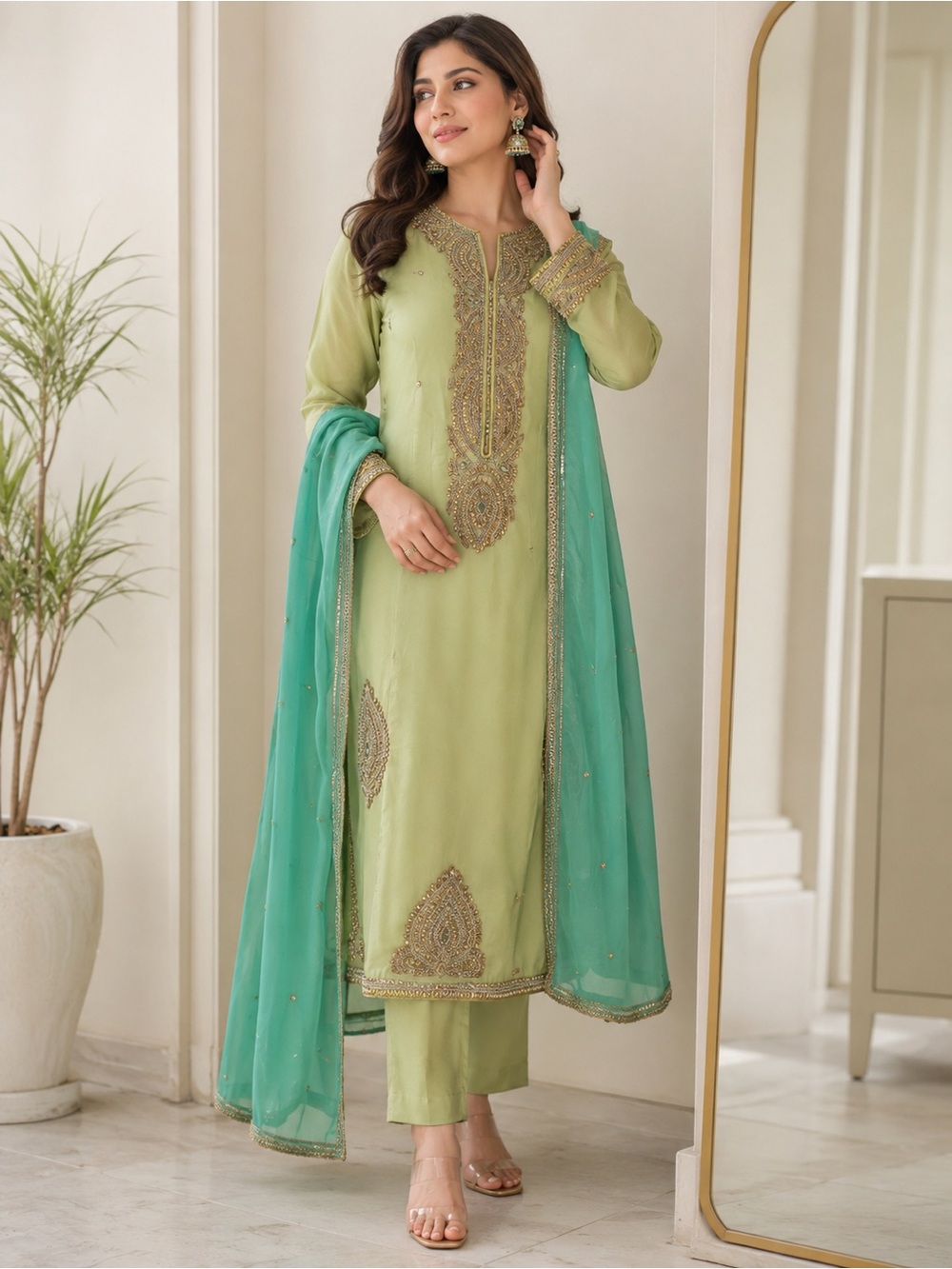 Embellished Lime & Teal Salwar Kameez Set